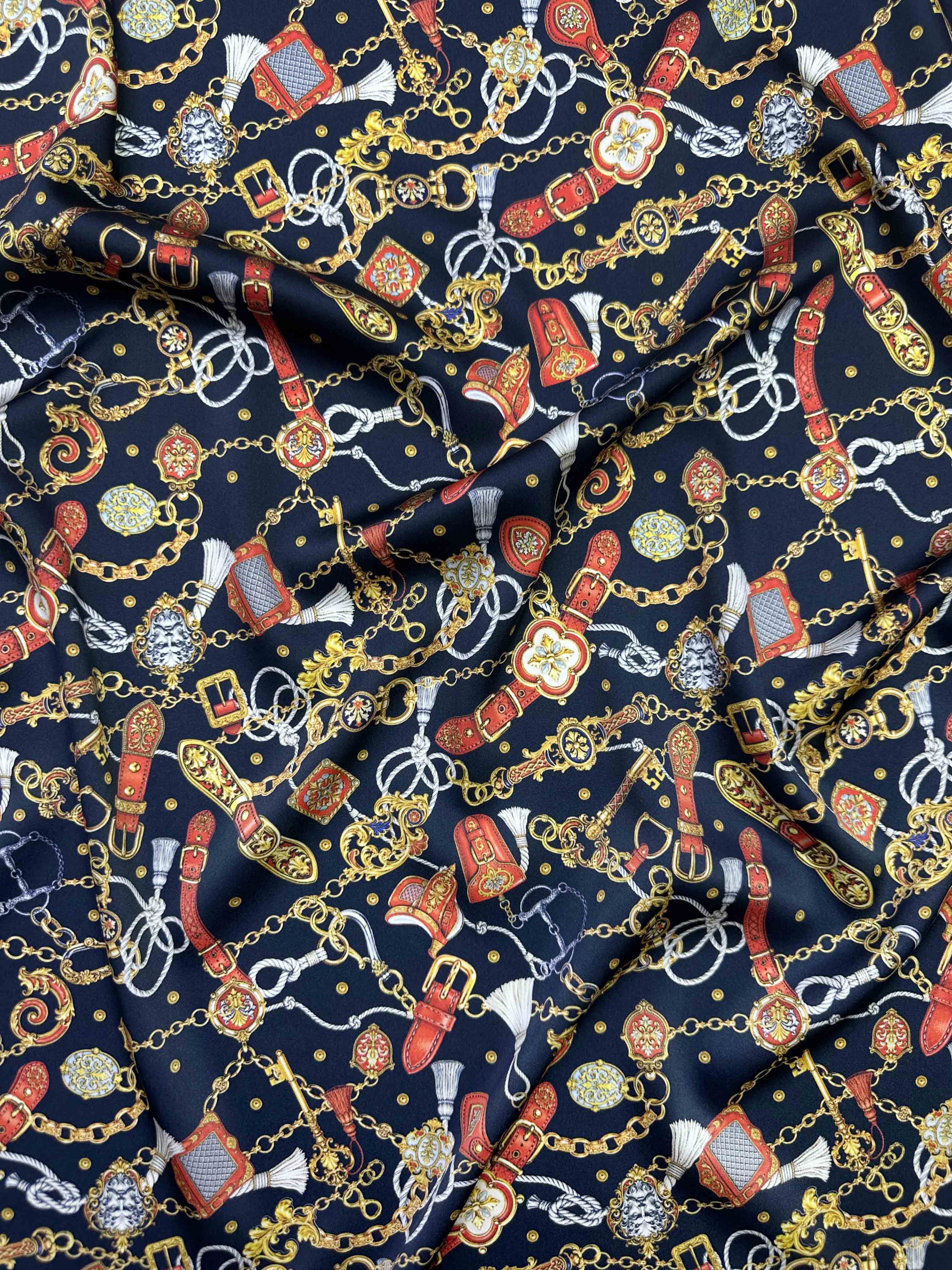 Ткань Шёлк темно-синий с ремнями и цепями 46891 2
