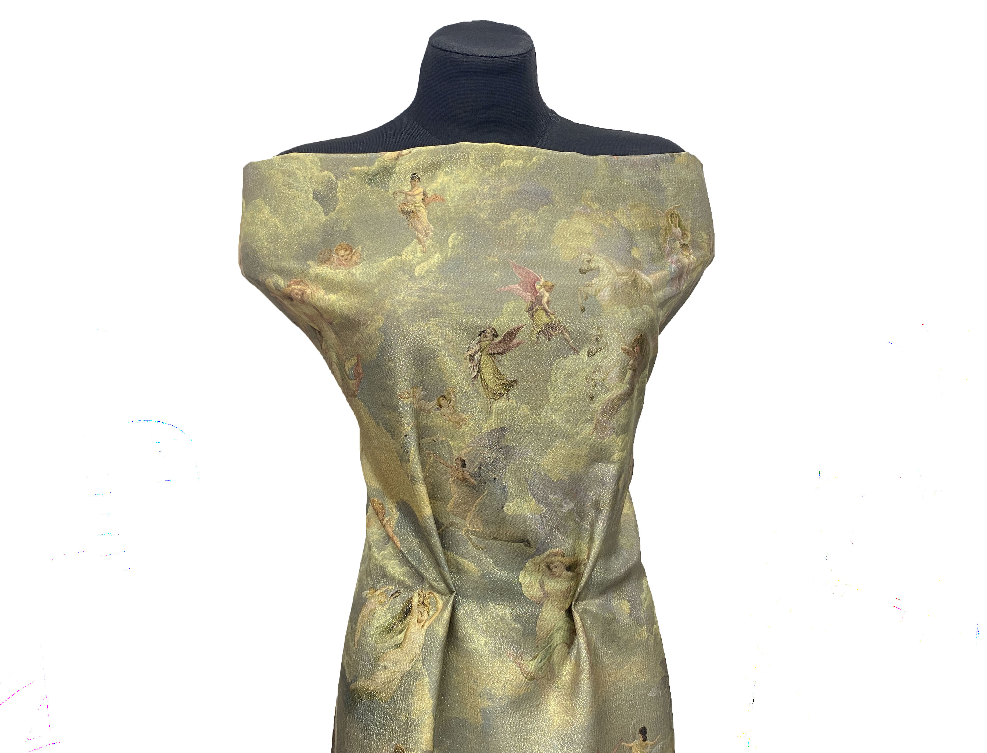 Ткань Муслин  оливкового цвета с принтом  ангелы 14463 5